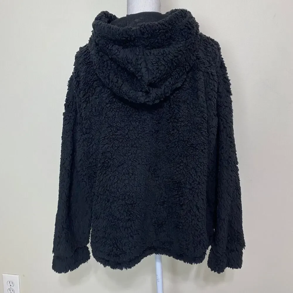 Active USA Fur Faux Hooded Jacket Womens Cozy Soft Sweater Black Large‎